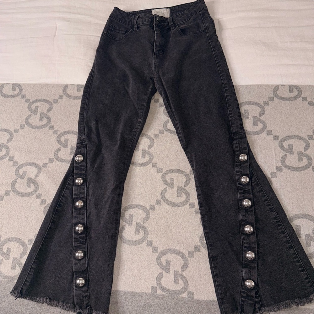 Rachel Roy Denim Crop Flare Jeans with Silver Button Accents, 26